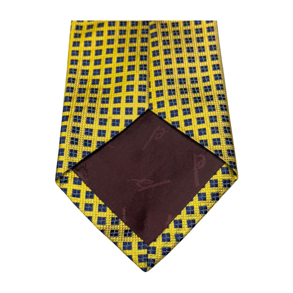 XMI Platinum Mens Necktie 100% Silk Yellow & Navy Checkerboard 30" Length Formal - Picture 5 of 8